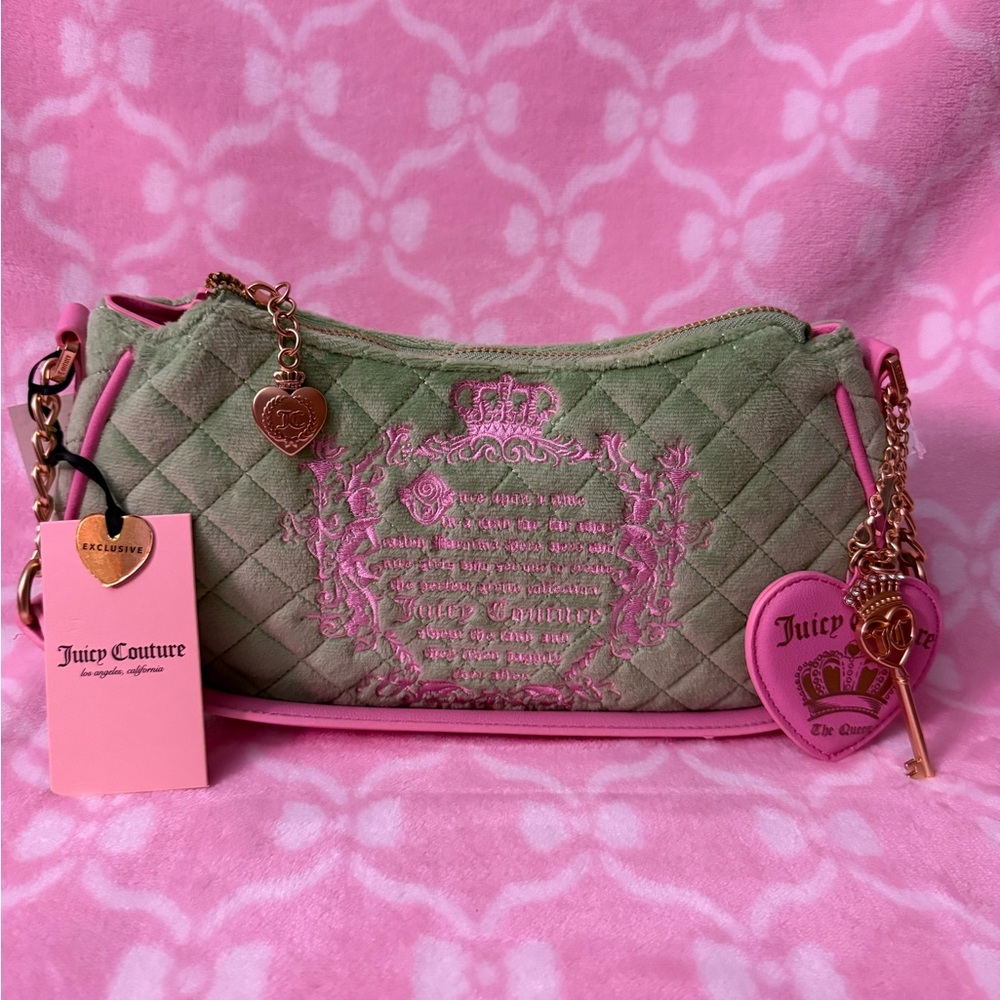 Juicy Couture Green Quilted Shoulder Bag with Pink Trim & Heart Charm